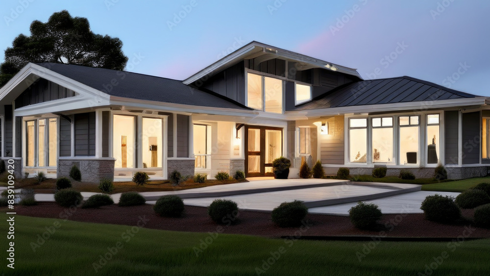 One-story dwelling with a mansard roof and large front porch. It has a manicured lawn with trees in the background. theme architecture, real estate or landscaping. One-story dwelling with a mansard roof and large front porch. It has a manicured lawn with trees in the background. theme architecture, real estate or landscaping.