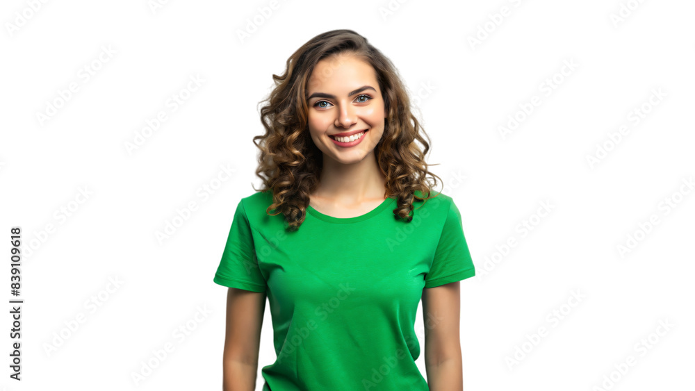 A close-up portrait of a smiling brunette woman รื green t shirt with her hair flowing down A close-up portrait of a smiling brunette woman รื green t shirt with her hair flowing down