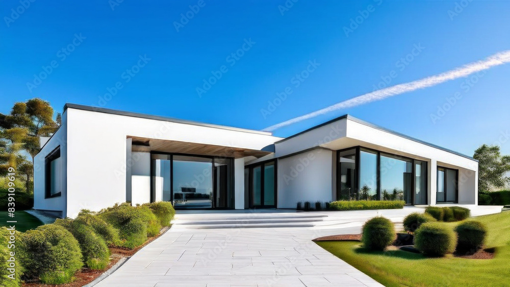 One-story dwelling with a mansard roof and large front porch. It has a manicured lawn with trees in the background. theme architecture, real estate or landscaping. One-story dwelling with a mansard roof and large front porch. It has a manicured lawn with trees in the background. theme architecture, real estate or landscaping.