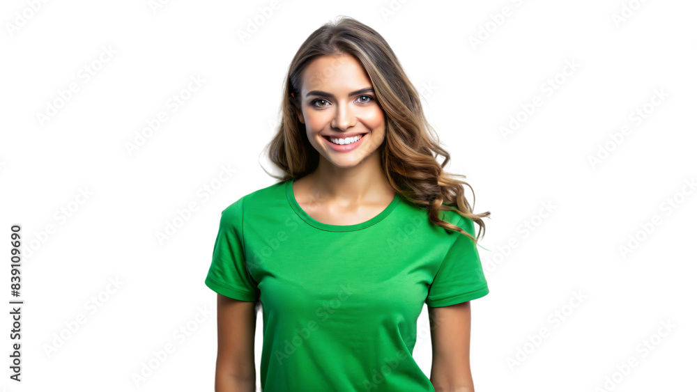 A close-up portrait of a smiling brunette woman รื green t shirt with her hair flowing down A close-up portrait of a smiling brunette woman รื green t shirt with her hair flowing down
