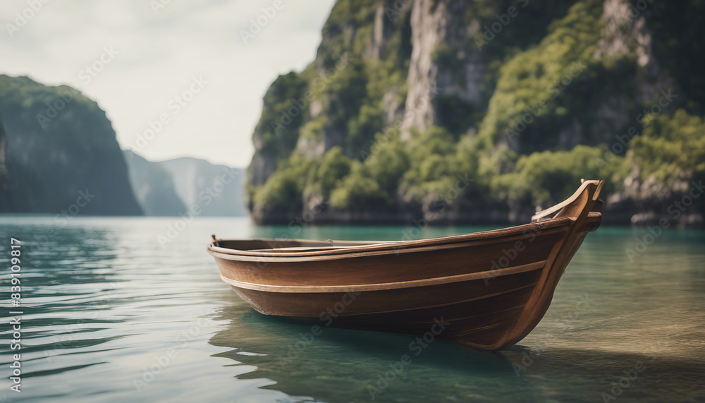 wood humble boat in calm waters, surrounded by towering cliffs and lush vegetation
wood humble boat in calm waters, surrounded by towering cliffs and lush vegetation