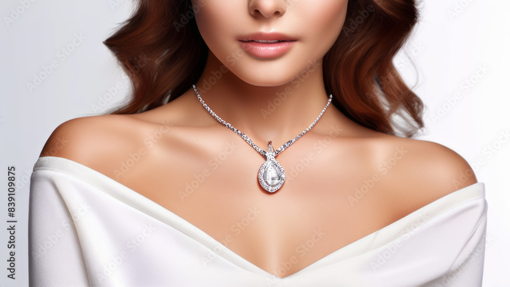 An open-shouldered girl adorned with smart silver jewelry, including a large necklace and matching earrings. The jewelry has intricate patterns and gemstones. the topic discusses fashion, or jewelry d