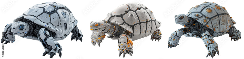 Set of three mechanical robot tortoises isolated on a white background Set of three mechanical robot tortoises isolated on a white background
