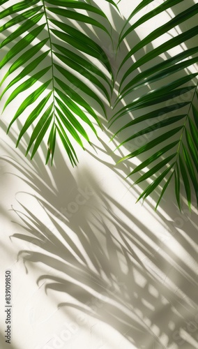 Palm Leaf Shadow Cast On White Wall In Afternoon Sunlight