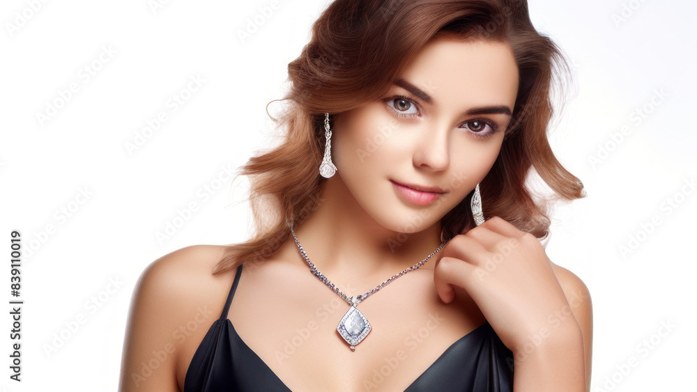 An open-shouldered girl adorned with smart silver jewelry, including a large necklace and matching earrings. The jewelry has intricate patterns and gemstones. the topic discusses fashion, or jewelry d An open-shouldered girl adorned with smart silver jewelry, including a large necklace and matching earrings. The jewelry has intricate patterns and gemstones. the topic discusses fashion, or jewelry d