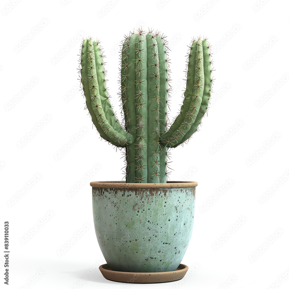 A potted cactus with multiple arms in a rustic ceramic pot, perfectly isolated on a white background for use in various design projects. A potted cactus with multiple arms in a rustic ceramic pot, perfectly isolated on a white background for use in various design projects.