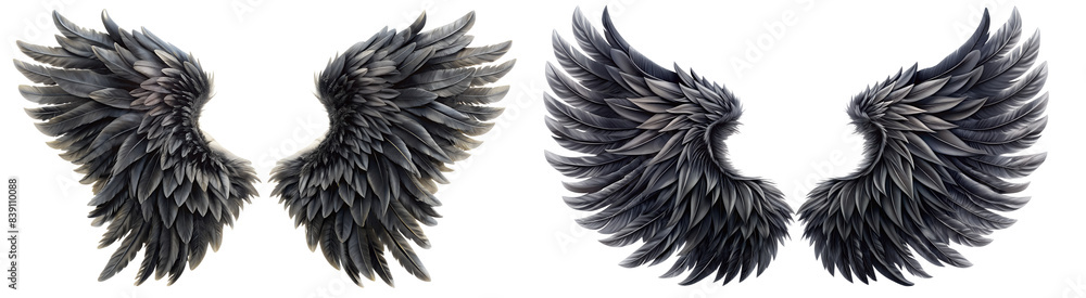 Fototapeta premium two sets of wings with black and gray feathers. The set of wings on the left appears more closed or in a resting position, while the set of wings on the right is slightly more open as if in a pre-flig