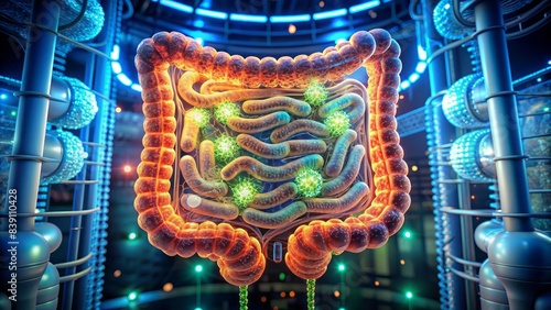 Illuminated 3d rendering of intestine with microvilli, showcasing factories producing beneficial microbiota  photo
