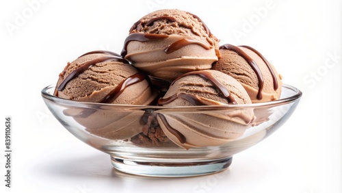 Indulgent fusion of creamy vanilla and rich chocolate ice cream, delicately scooped into a glass dish, set against a pristine white background.