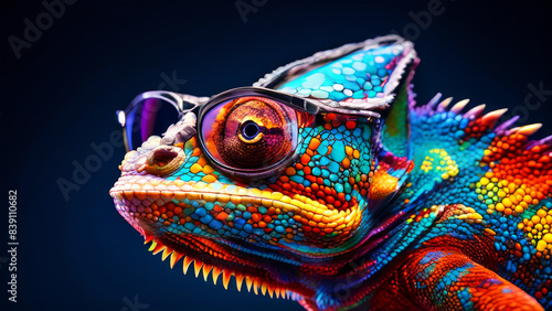 A close-up of a chameleon on a blue background with an orange surface underneath. © COK House