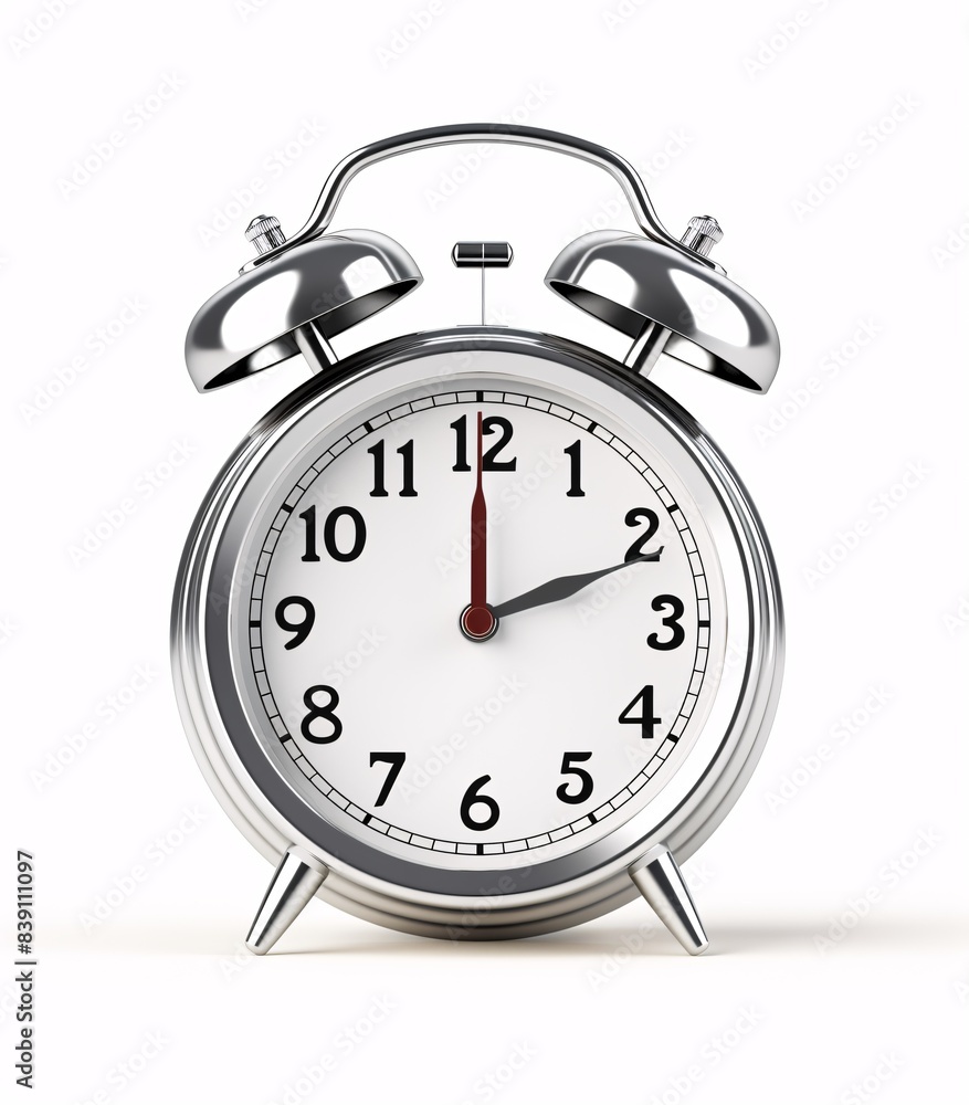 Shiny Metallic Silver Alarm Clock in 3D Render on White Background - High Resolution Stock Photography Style Front View Shiny Metallic Silver Alarm Clock in 3D Render on White Background - High Resolution Stock Photography Style Front View