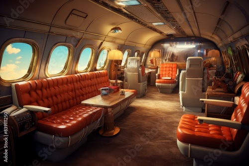 Luxurious classic airplane interior with leather seats giving a nostalgic travel experience