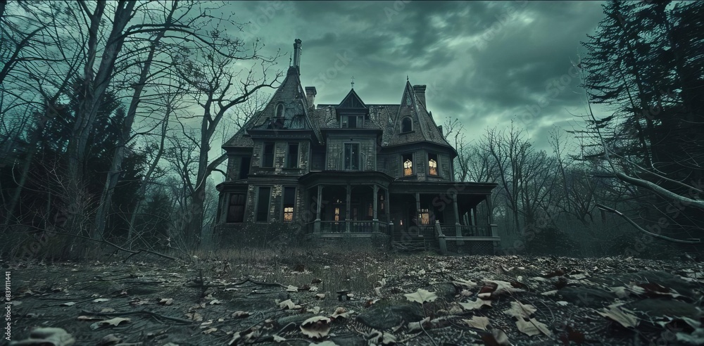 Obraz premium Wide-angle shot of a creepy, dilapidated mansion, spectral lights in windows, foreboding sky, Halloween and Day of the Dead motifs, horror theme