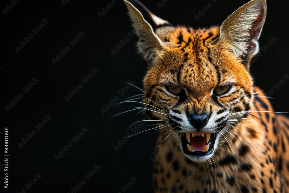 Mystic portrait of Serval studio, copy space on right side, Anger, Menacing, Headshot, Close-up View Isolated on black background Mystic portrait of Serval studio, copy space on right side, Anger, Menacing, Headshot, Close-up View Isolated on black background