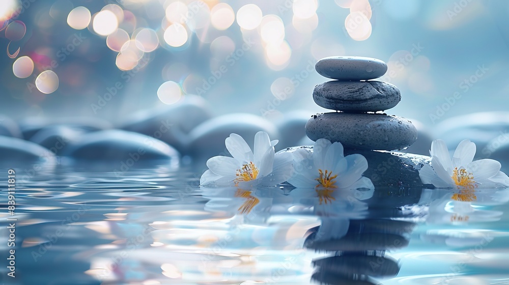 Obraz premium Zen stones with delicate flowers in a peaceful spa environment, reflecting in water
