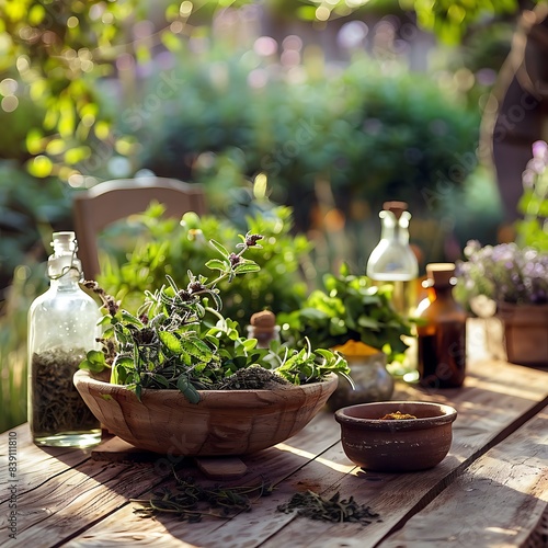 Rustic wooden table with a variety of fresh herbs and spices, arranged neatly with a Mediterranean garden in the background. 