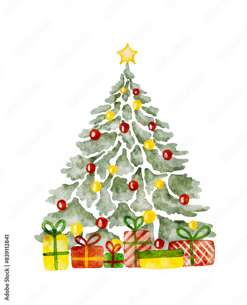 Fototapeta premium Watercolor Christmas tree decorated red and yellow balls with gift boxes. Hand made not AI