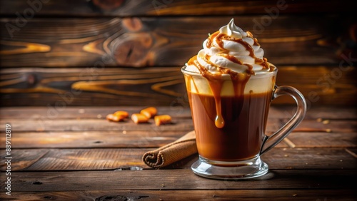 Rich, velvety hot chocolate overflowing with golden caramel sauce and topped with a dollop of whipped cream, perfectly illuminated on a rustic wooden table. photo