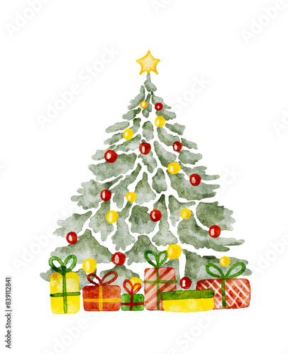 Watercolor Christmas tree decorated red and yellow balls with gift boxes. Hand made not AI