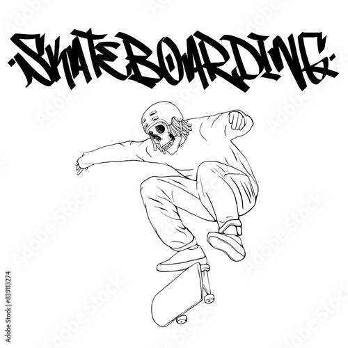 Skeleton head skulls skater doing ollie kickflip trick  skateboarding celebrate skate day graffiti handstyle tags lettering art digital illustration painting black and white liner photo