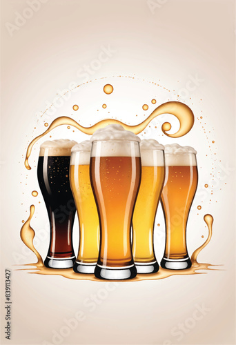 a vector illustration of beer glasses with foam and splashes