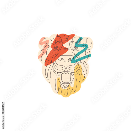 Ancient sculpture lion head vector colorful line art, mythology animal muzzle antique relief painted stone gypsum statue