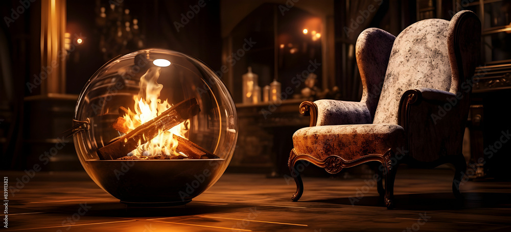 A glass ball with a fire place and a chair in front of it A glass ball with a fire place and a chair in front of it