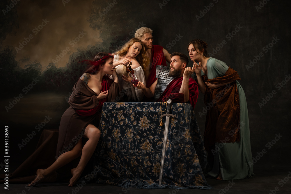 Obraz premium In this evocative family tableau, central armored man flanked by family members who appear to be both advising and comforting him. Emotional strength found within family bonds. Psychology concept.