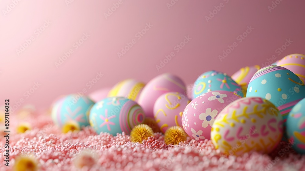 Decorative Easter Eggs with Pink Flowers on Pink Background Decorative Easter Eggs with Pink Flowers on Pink Background
