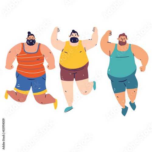 Three diverse men cartoon characters jogging happily together, runner body positivity joy fitness attire. Colorful illustration group exercise promoting healthy lifestyle