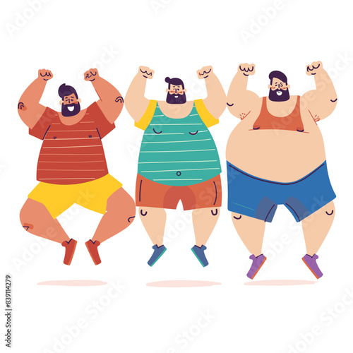Three cartoon men cheerfully jump, their fists raised joy victory. All three beards, wear colorful shorts, sport different hairstyles, radiating positivity excitement, celebrate, sports win