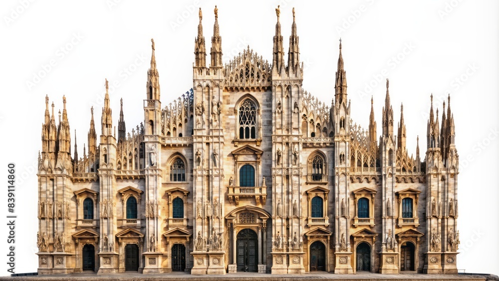 Obraz premium Historic facade of iconic duomo di milano cathedral in milan italy showcasing intricate gothic architecture and ornate details on a transparent background.