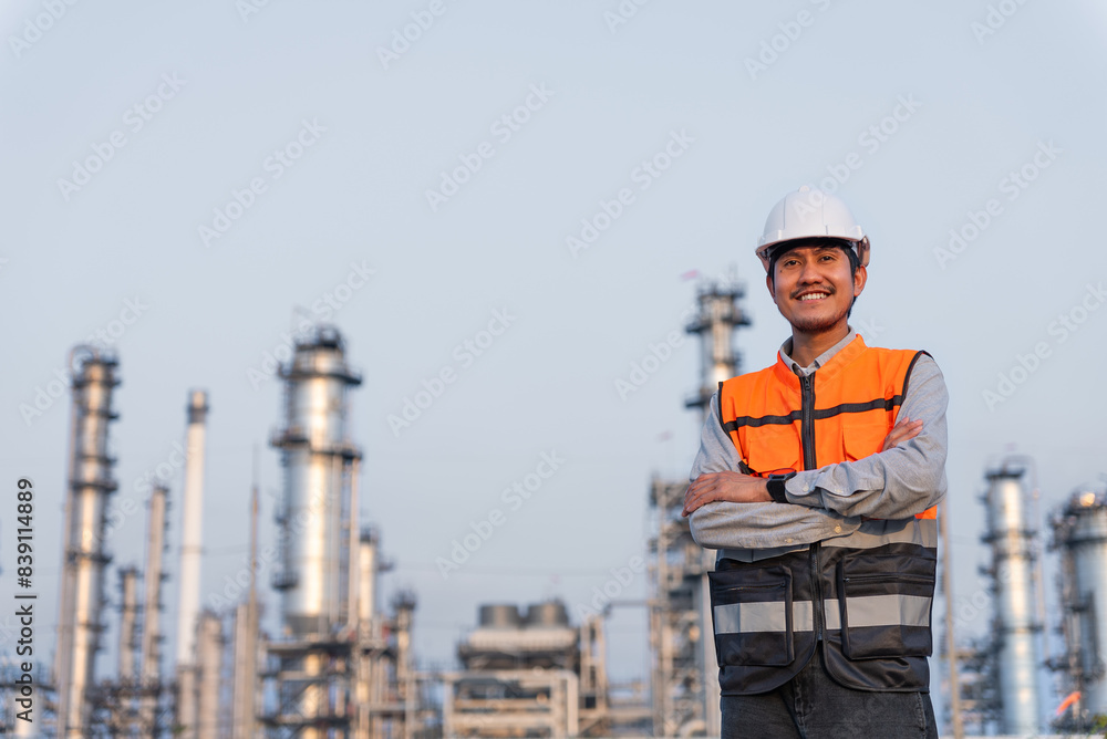 Happy handsome Asian man petrochemical engineer standing with arm crossed and smiling to camera. Petroleum oil refinery in industrial estate background. Engineers at industry manufacturing. Happy handsome Asian man petrochemical engineer standing with arm crossed and smiling to camera. Petroleum oil refinery in industrial estate background. Engineers at industry manufacturing.
