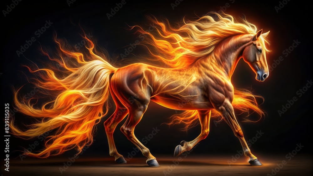 Fiery horse stands majestically, showcasing its luscious, flowing mane and tail, isolated on a black background, perfect for banners and illustrations. Fiery horse stands majestically, showcasing its luscious, flowing mane and tail, isolated on a black background, perfect for banners and illustrations.