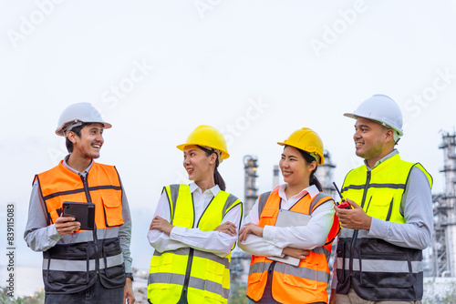 Happy diverse group of petrochemical engineers working together with digital tablet with petroleum oil refinery in industrial estate background. Engineers at power plant energy industry manufacturing. © BJ Day Stock