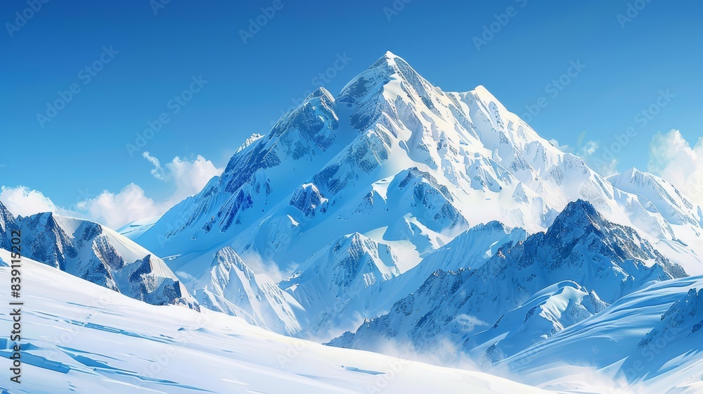 Snow-covered mountain peak, clear blue sky, winter landscape Snow-covered mountain peak, clear blue sky, winter landscape