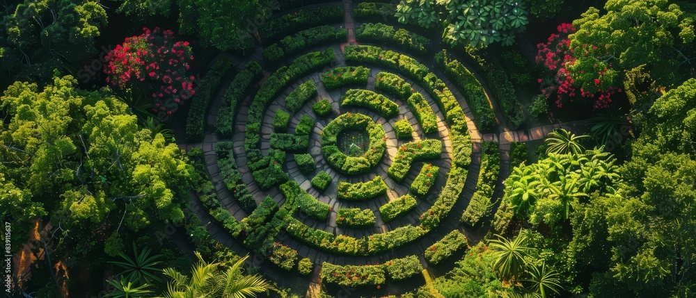 Bird's-eye view of a labyrinth in a garden,