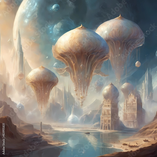 Artistic illustration in fantasy style. An imaginary fairy tale world with a beautiful mountain landscape and a city with three floating three jellyfish photo