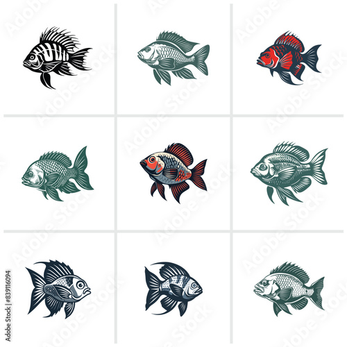 Set of Vector illustration of Tilapia fish isolated on white background. Tilapia fish glyph icon. Badge for design seafood packaging. Logo Design for Fish Farming Business