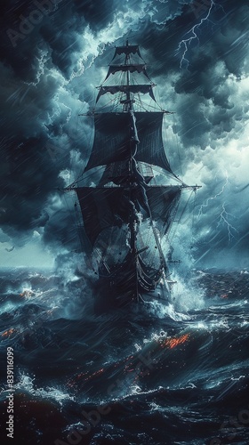 Ship braving a violent storm, menacing clouds and waves, digital art, highly detailed, dark and dramatic mood 8K , high-resolution, ultra HD,up32K HD photo