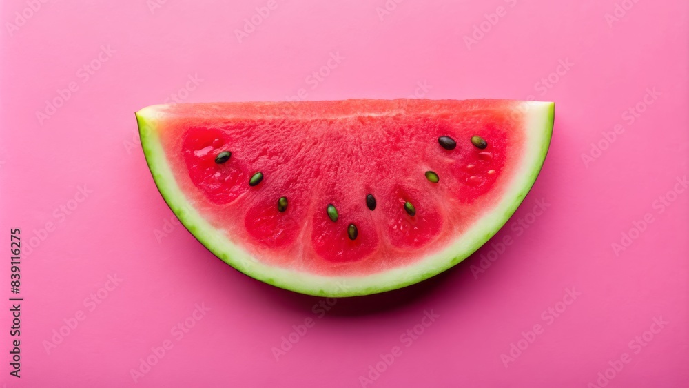 Ripe watermelon slice arranged artfully on pink background in pop art style with half-cut design, showcasing summer's sweet delight in minimalistic flat lay composition. Ripe watermelon slice arranged artfully on pink background in pop art style with half-cut design, showcasing summer's sweet delight in minimalistic flat lay composition.