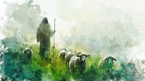 Digital watercolor painting of Jesus Watercolor painting, Jesus guiding a flock of sheep through a verdant meadow, shepherd's staff in hand, serene and pastoral atmosphere