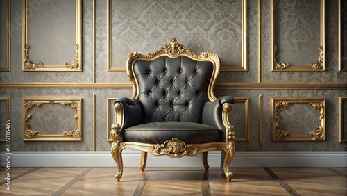 Elegant empty gold frame adorned with intricate black details sits atop a vintage chair in a lavish classic european-style room with ornate furnishings.