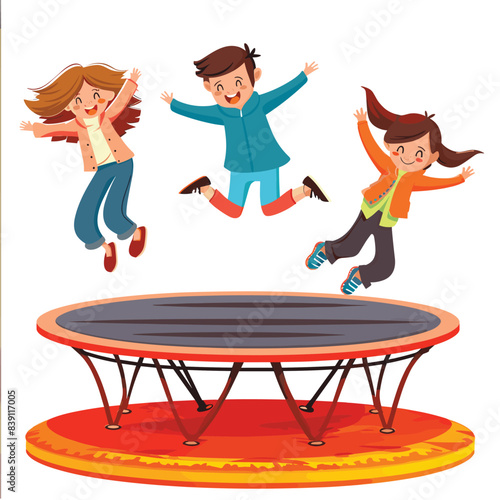Three happy children jump trampoline, joy laughter excitement fill air. Cartoon kids playing together, showing fun childhood activity. Young friends midair above playful equipment, happiness abound