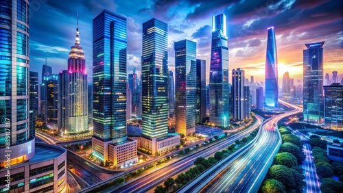 Wallpaper Mural A futuristic cityscape with sleek skyscrapers, neon-lit billboards, and bustling streets, symbolizing rapid economic growth and increased purchasing power. Torontodigital.ca