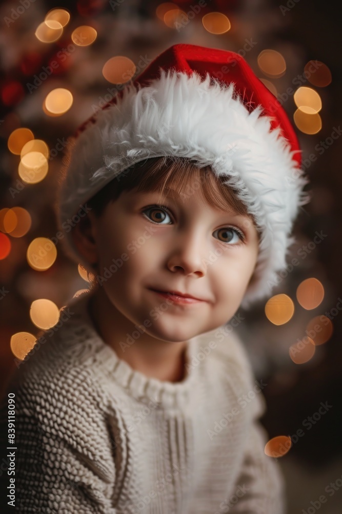 Holiday Portrait of Young Child in Santa Hat Against Festive Lights Holiday Portrait of Young Child in Santa Hat Against Festive Lights