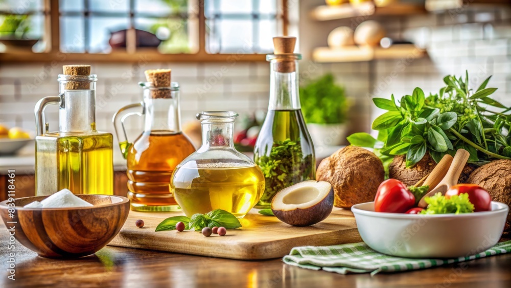 A close-up of a kitchen counter with various healthy oils, including olive and coconut oil, and a partially prepared meal, suggesting a nutritious culinary creation. A close-up of a kitchen counter with various healthy oils, including olive and coconut oil, and a partially prepared meal, suggesting a nutritious culinary creation.