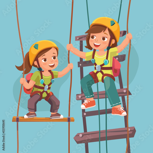Two children climbing rope ladder wearing safety helmets harnesses. Young climbers enjoying adventure park activity smiling. Cartoon illustration kids outdoor play equipment, climbing gear