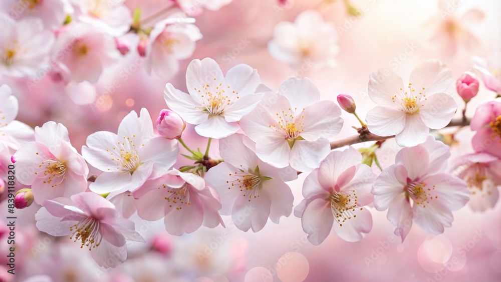 Naklejka premium Delicate cherry blossom petals and soft pink hues gently unfurl on a pristine white background, evoking serene japanese elegance and refined beauty.