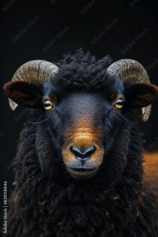 Mystic portrait of Suffolk Sheep, copy space on right side, Anger, Menacing, Headshot, Close-up View Isolated on black background Mystic portrait of Suffolk Sheep, copy space on right side, Anger, Menacing, Headshot, Close-up View Isolated on black background